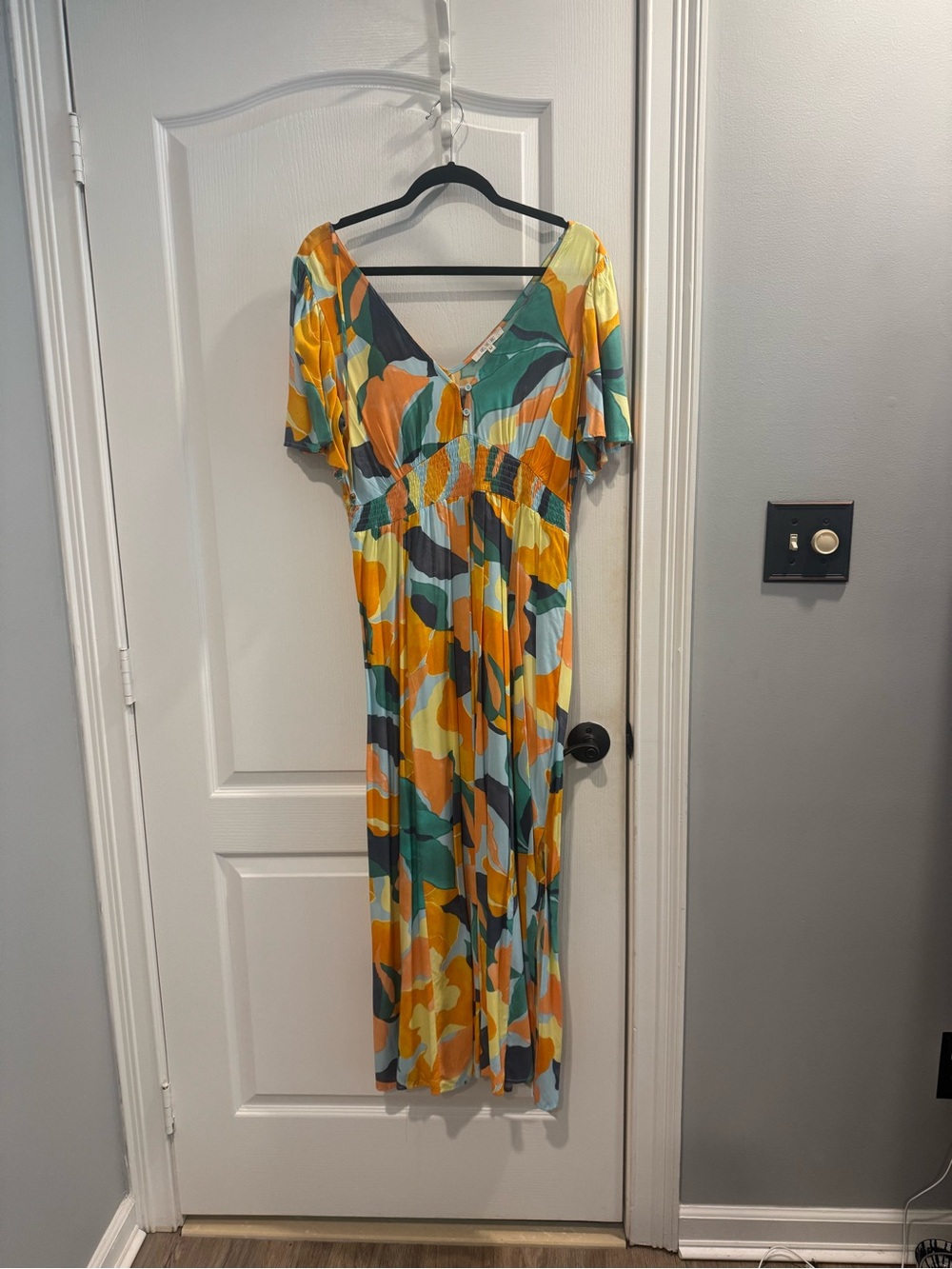 Abel The Label Abstract Print Yellow & Teal V-Neck Midi Dress